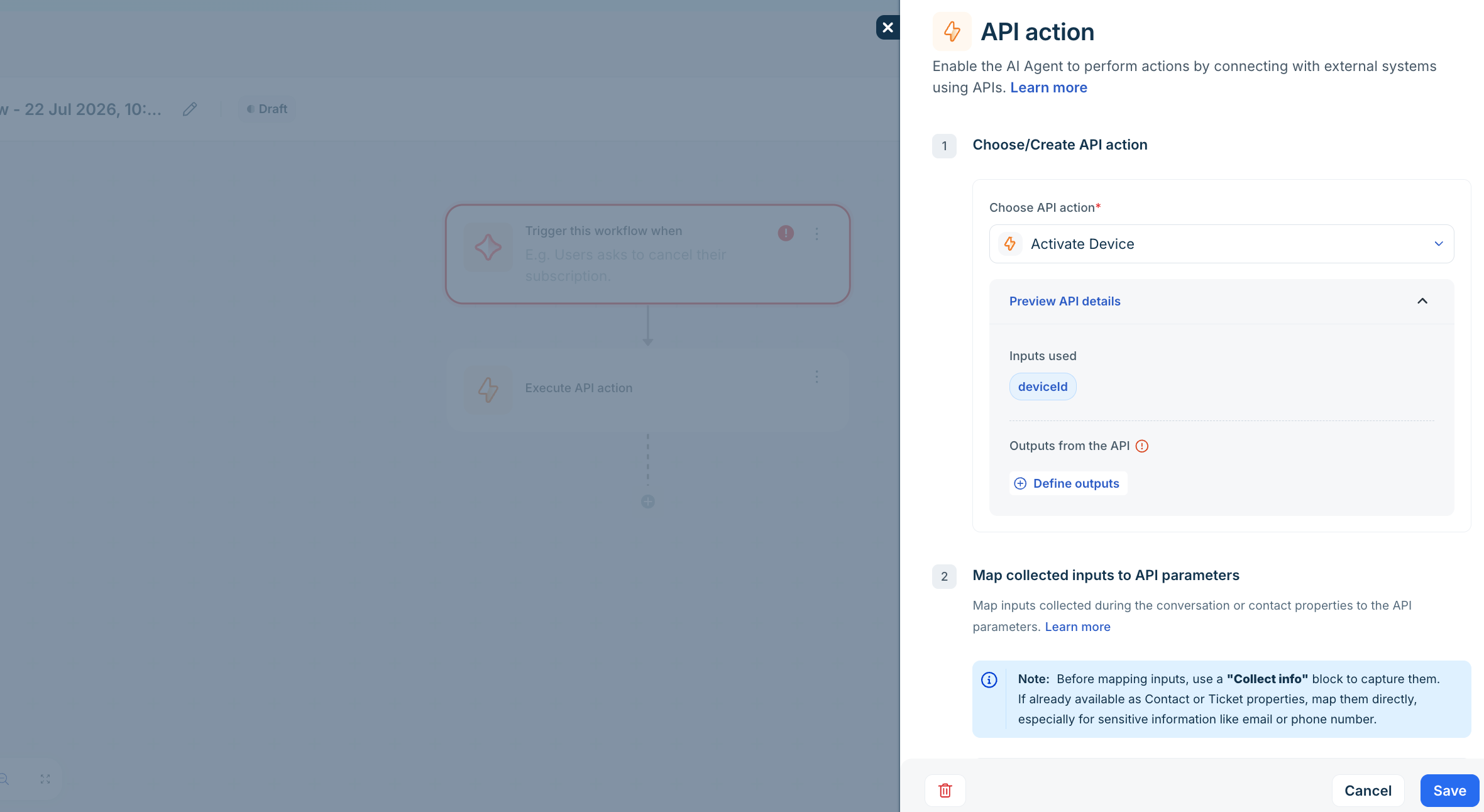 Preview API details for an action showing inputs and outputs