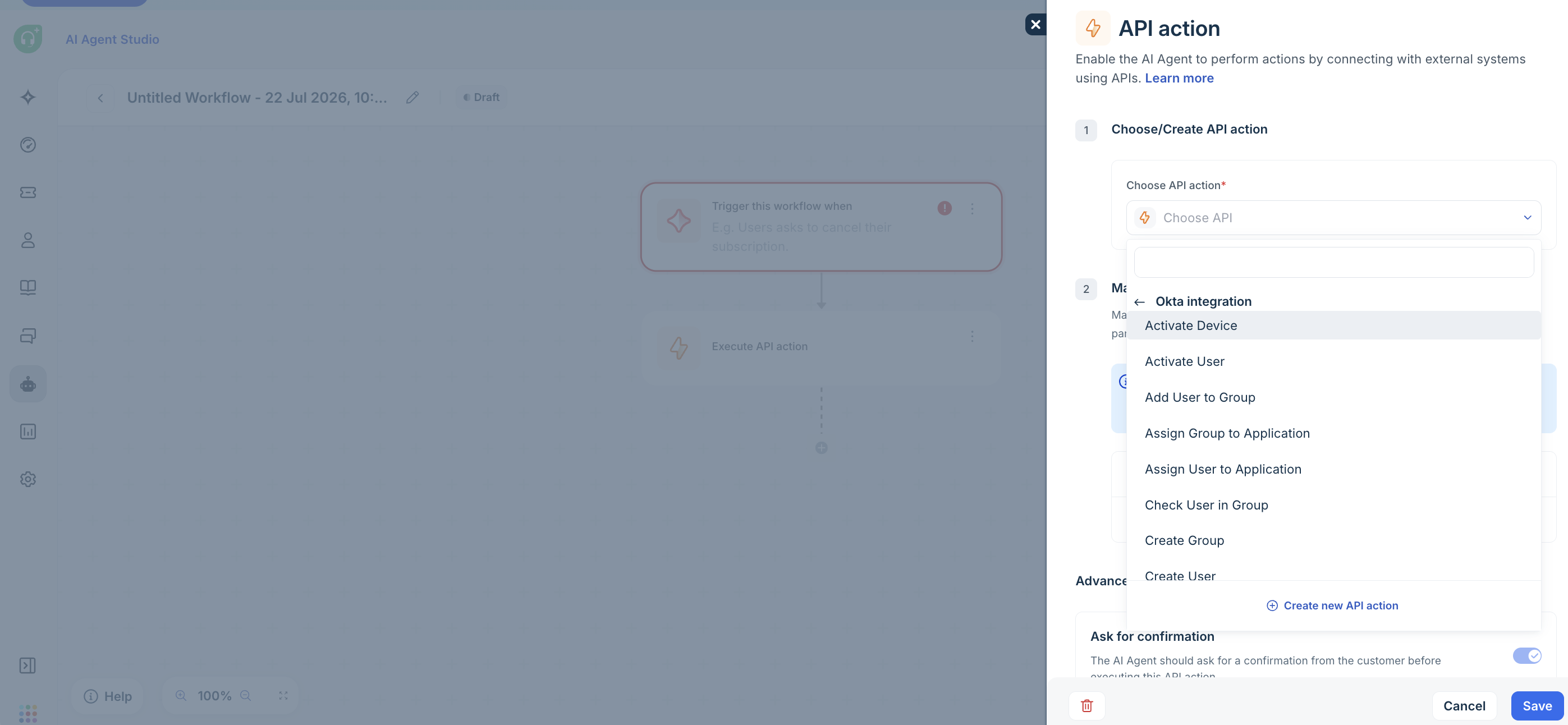Choose an action from a published app such as Okta integration