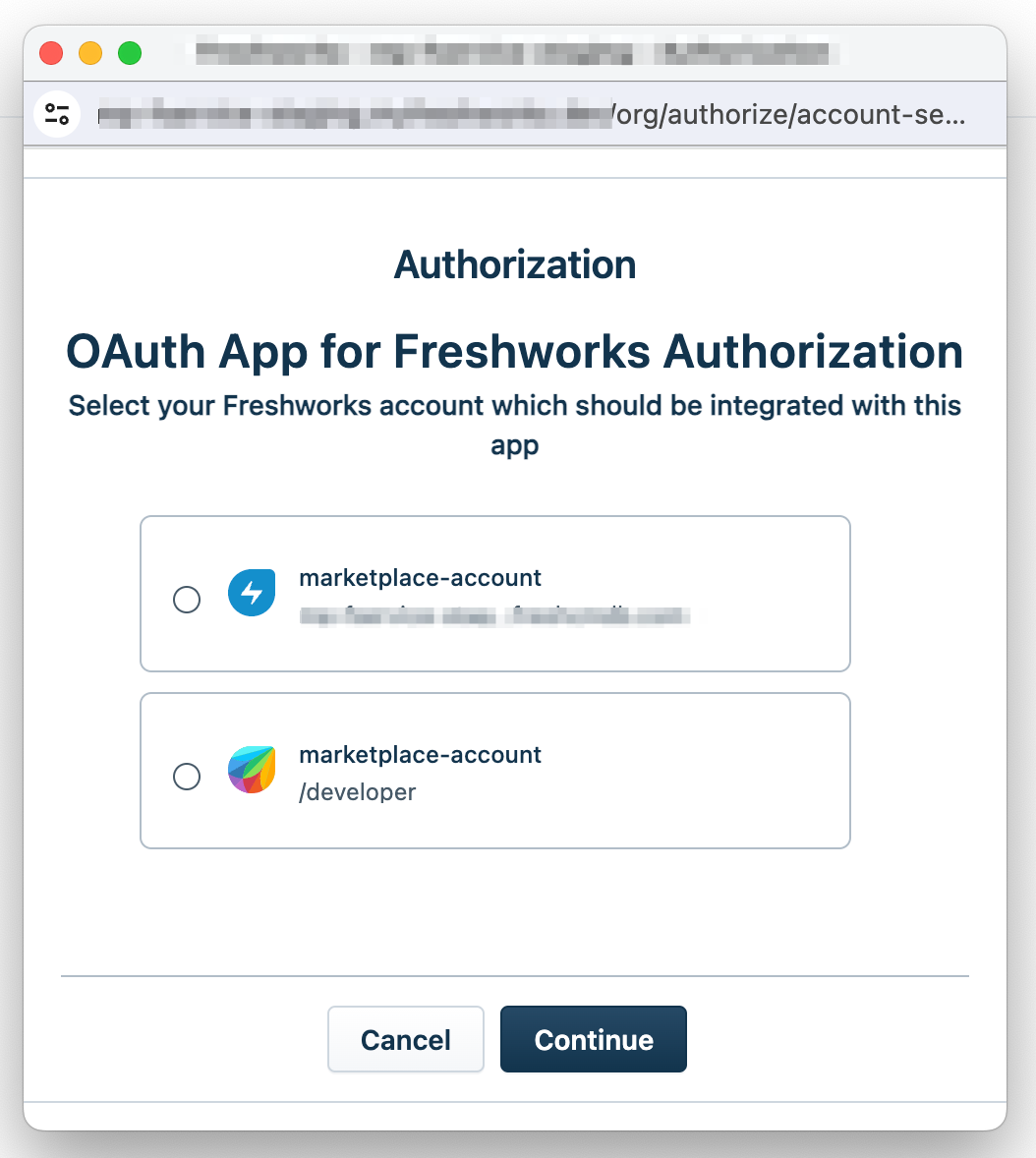 Image of Authorization window - select account