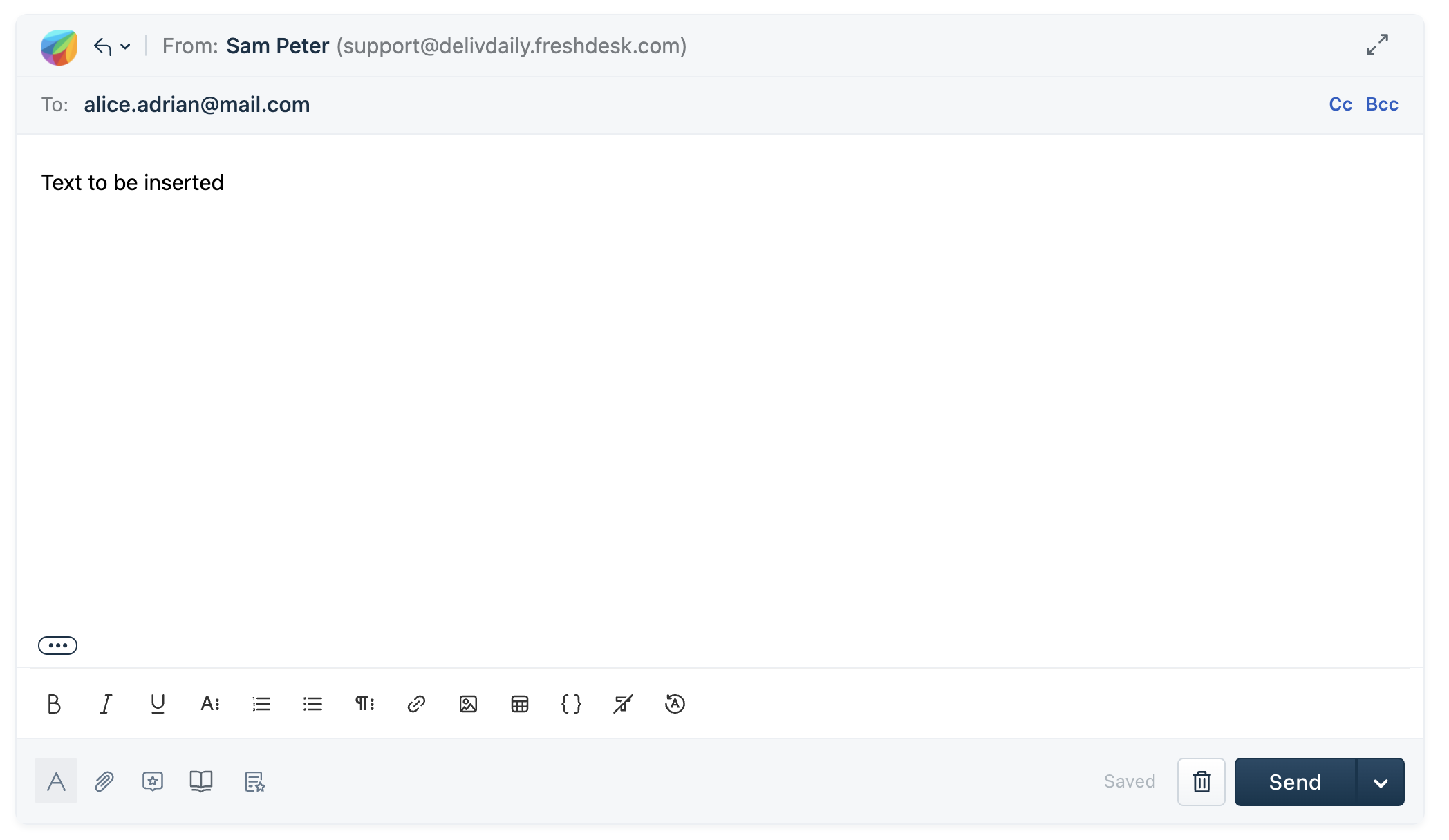 This image shows the reply editor with a text insert
