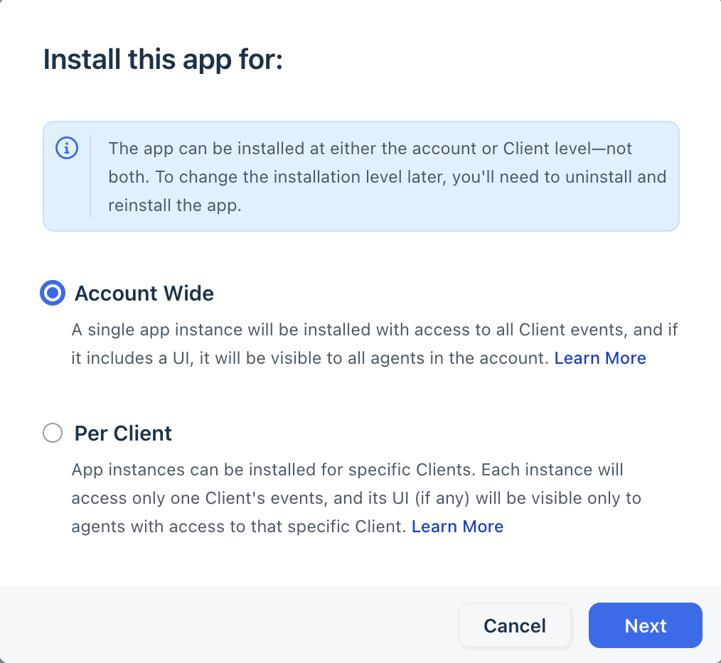 Account wide or Per Client installation